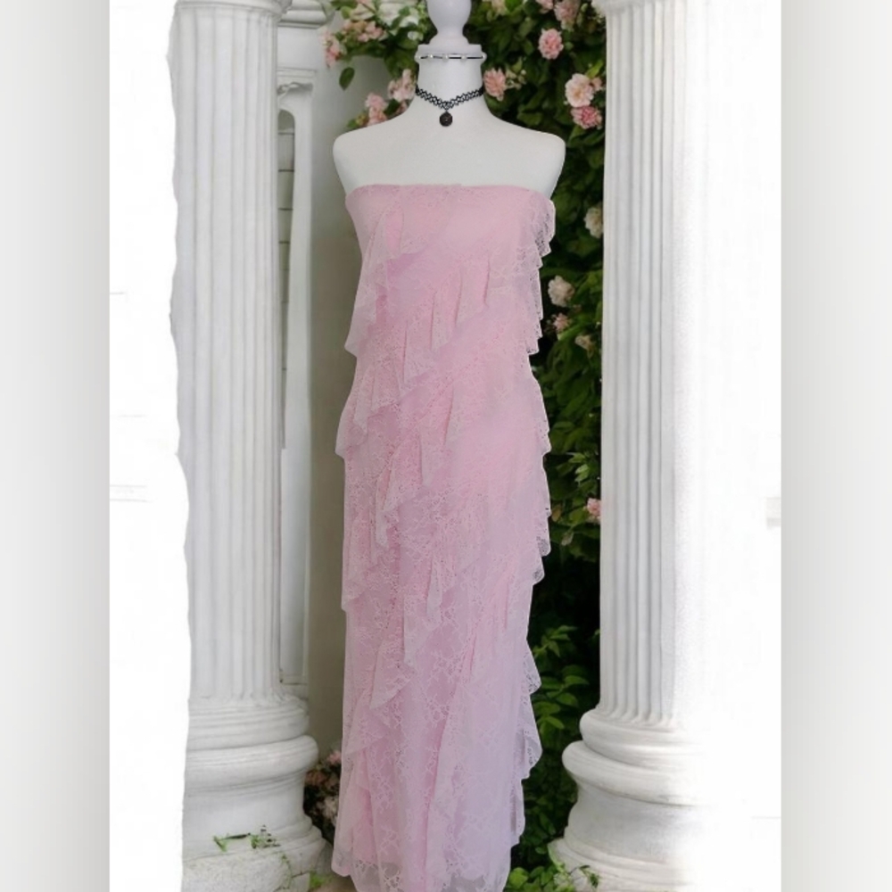Wild Fable Pink Lace Ruffle Strapless Maxi Dress Size Medium